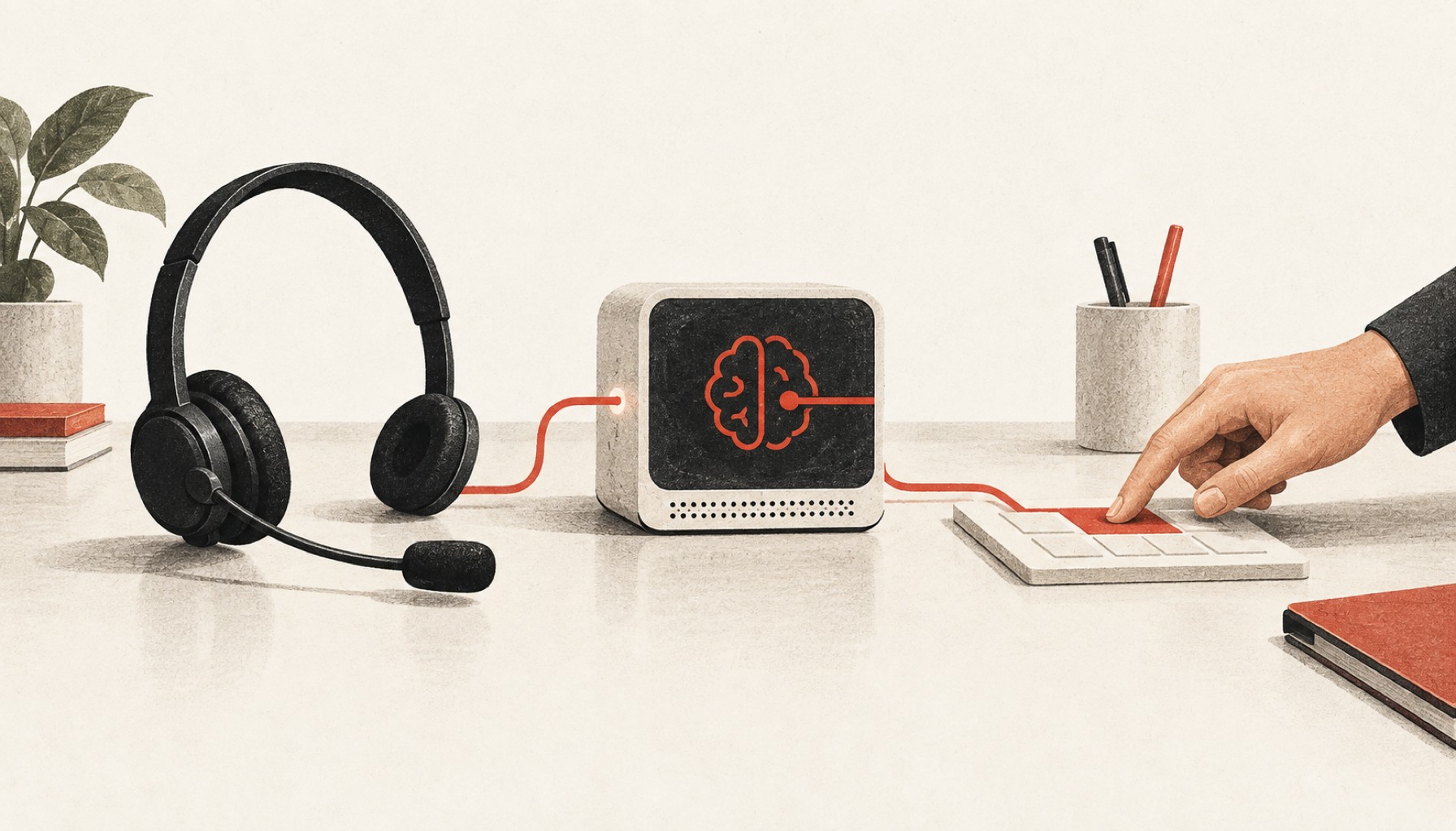 Illustration eines Service-Headsets zwischen KI-Terminal und menschlicher Kontrolle (KI-generiert)