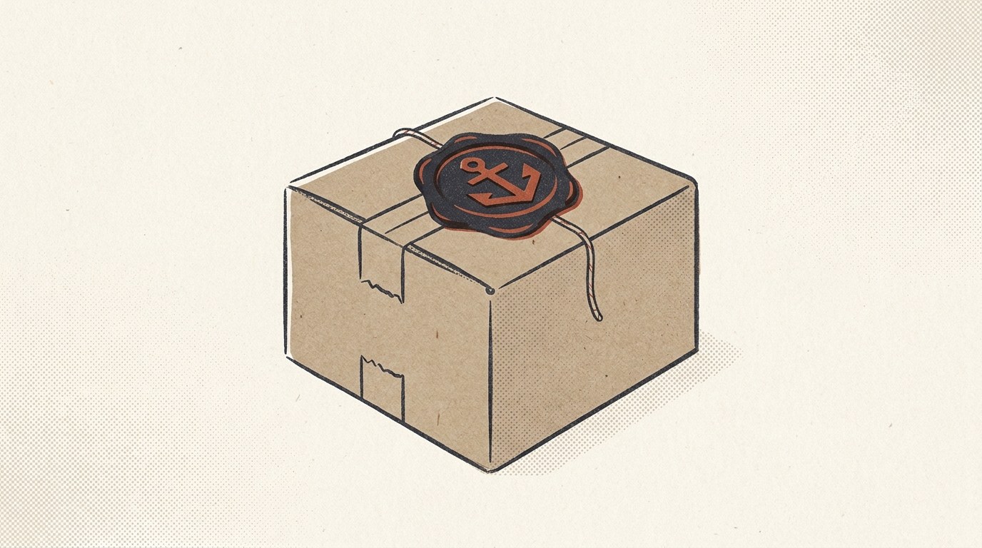 Ein einzelner Versandkarton mit Zollplombe mittig auf hellem Papiergrund, ein klar benennbares Objekt, warme Magazin-Leitfarbe. Keine Menschen