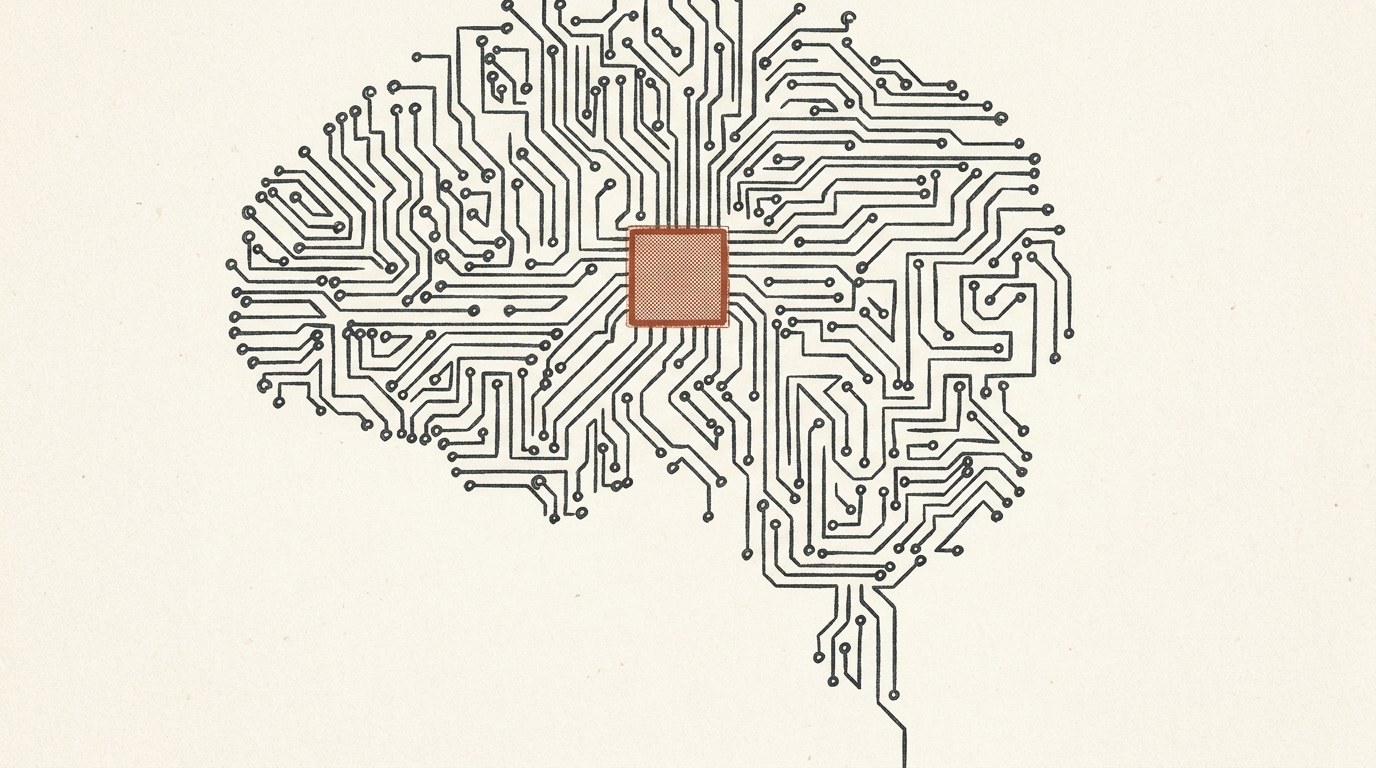Ein menschliches Gehirn in Seitenansicht, vollständig aus feinen Leiterbahnen und Lötpunkten gezeichnet, als Graphit-Radierung auf cremefarbenem Papier. Im Zentrum sitzt ein kleiner quadratischer Chip