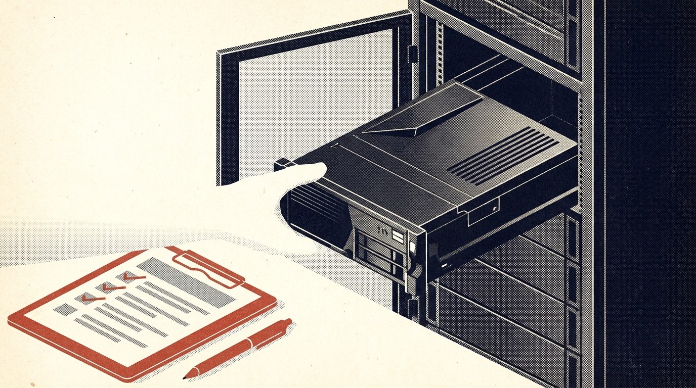 Ein Server-Einschub wird in ein offenes, aufgeräumtes Rechenzentrums-Rack geschoben, davor liegt ein Klemmbrett mit einem Abnahmeprotokoll und ein roter Stift; sachliches Editorial-Foto, helles Licht