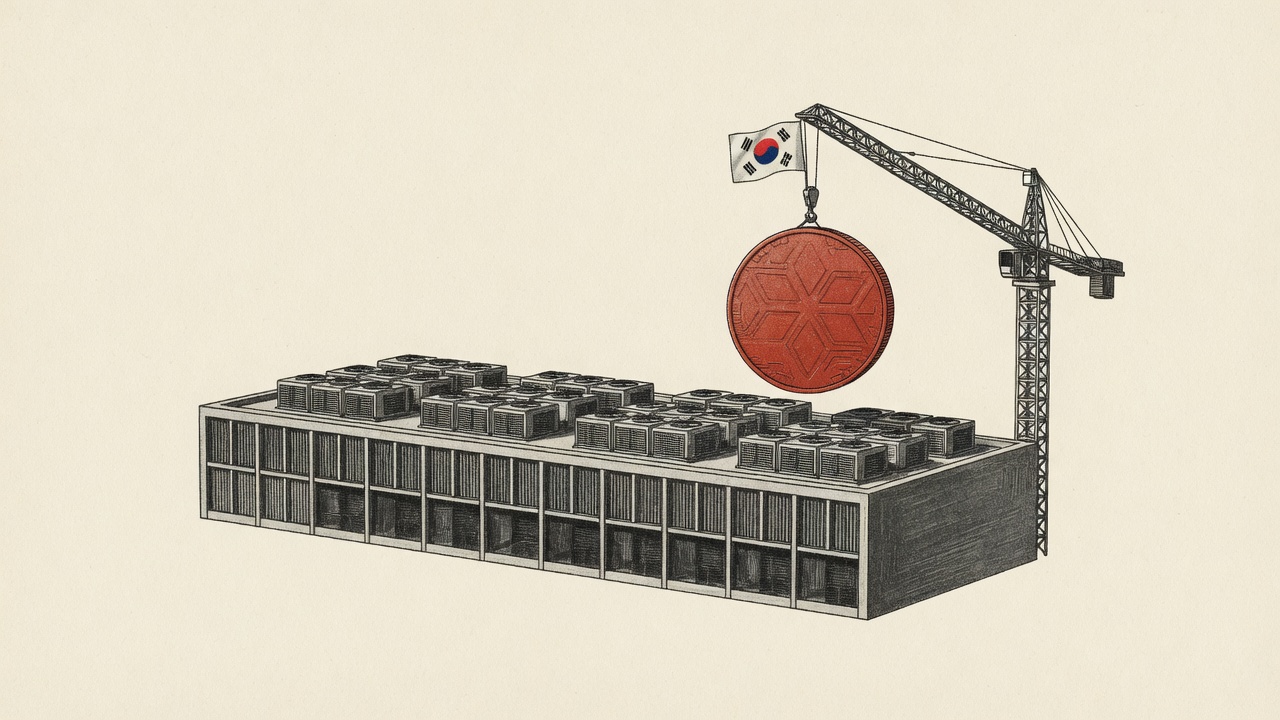 Tuschezeichnung: Ein Baukran mit koreanischer Fahne hebt eine große Münze auf ein Rechenzentrum