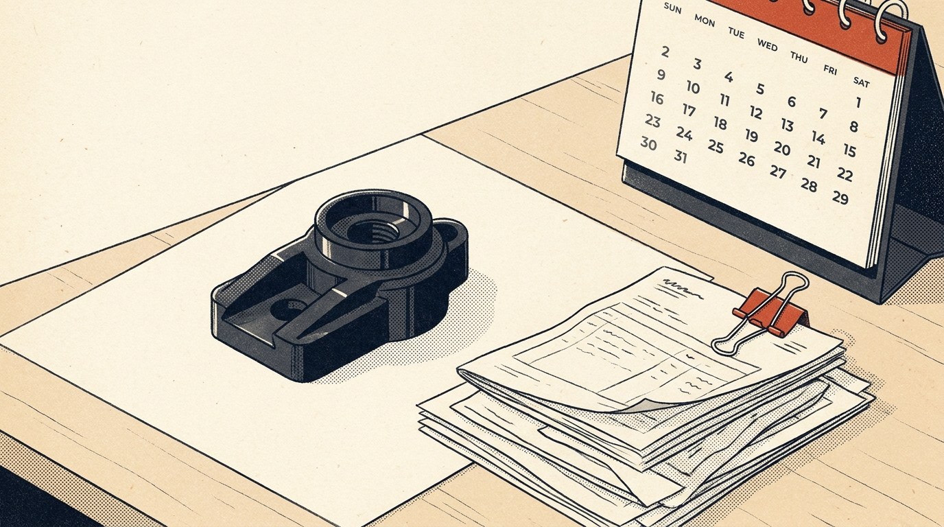 Ein einzelnes präzise gefrästes Metallbauteil aus Aluminium liegt auf einem hellen Schreibtisch, daneben ein Stapel gedruckter Auftragsformulare mit rotem Klemmclip und ein Tischkalender; sachliches E
