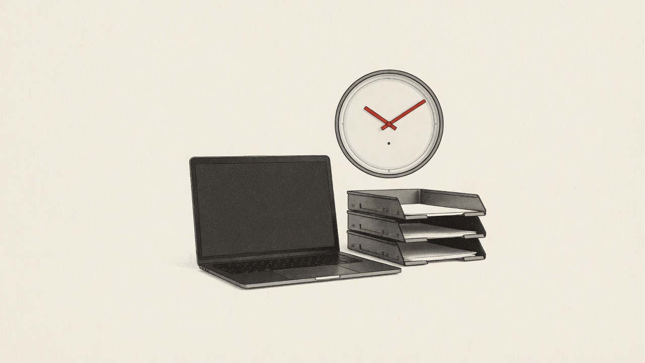 Ein aufgeräumter Büroarbeitsplatz in einem mittelständischen Betrieb: Schreibtisch mit aufgeklapptem Laptop, daneben ein Stapel Ablage, an der Wand darüber eine runde Wanduhr. Ruhige Szene, ein Objekt