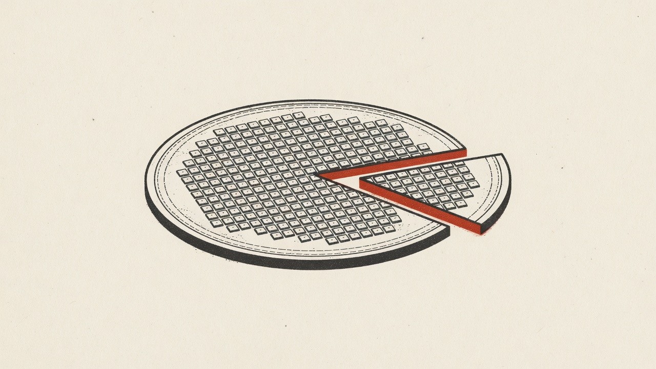 Illustration eines runden Wafers mit rechteckigem Raster und einem herausgeschnittenen Segment mit roter Kante.