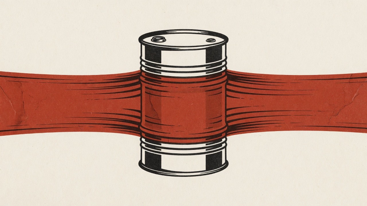 Illustration eines roten Ölfasses mit weißen Metalldeckeln, das von einem breiten roten Band durchquert wird.