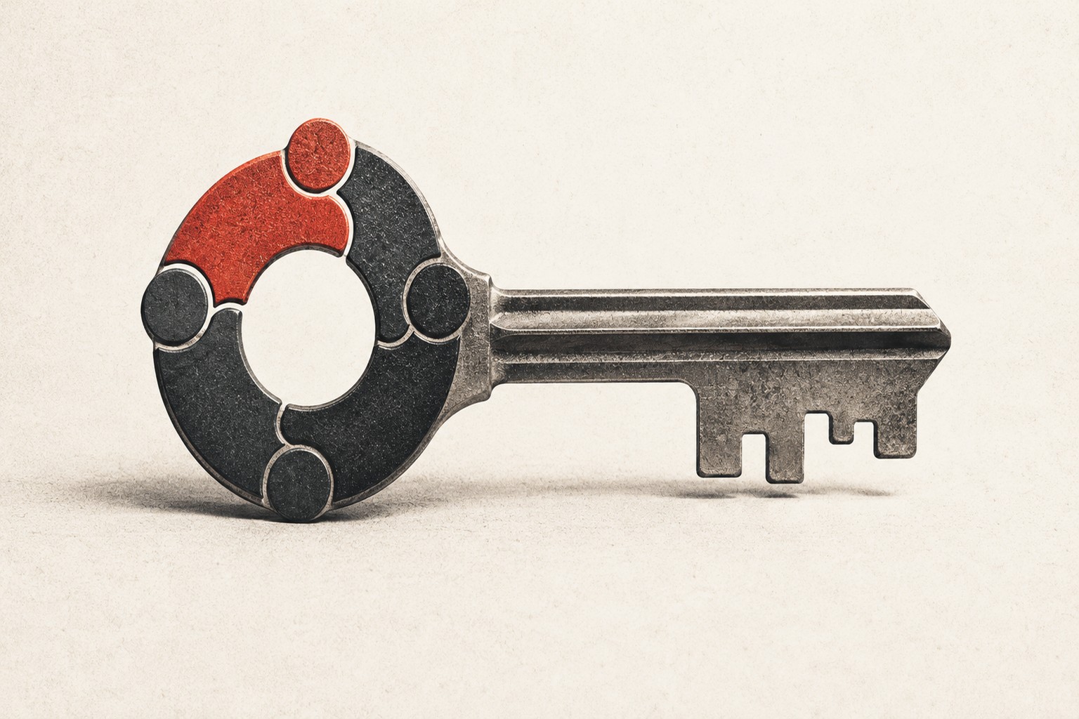 Illustration eines Metallschlüssels mit vier stilisierten Figuren als rundem Griff, eine davon in Rot.