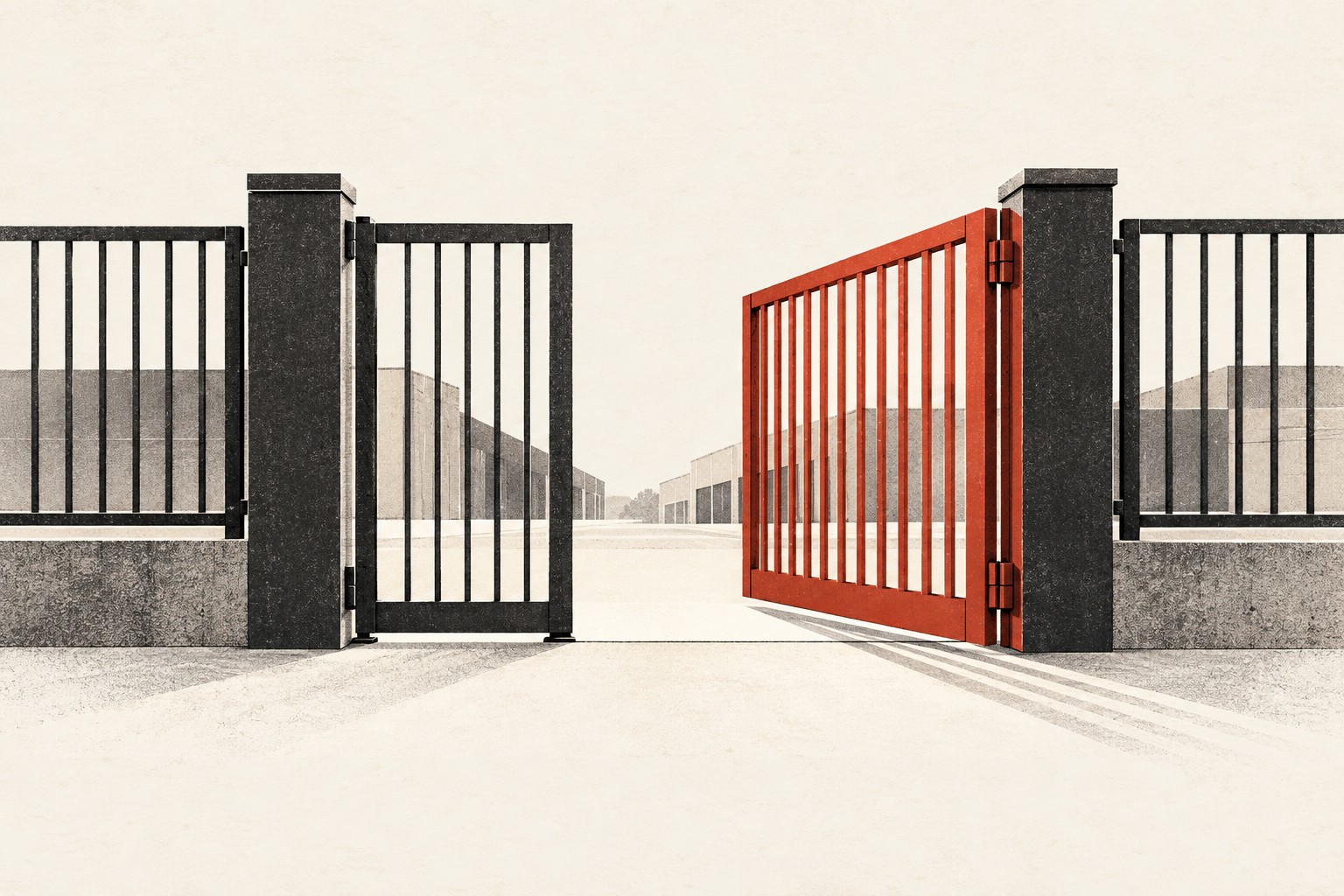 Illustration eines geöffneten Werkstors mit schwarzen und roten Gitterflügeln vor einem Industrieareal.