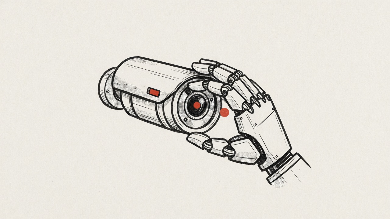 A robotic hand covering the lens of a security surveillance camera, the camera's small red recording light still glowing between the metal fingers. One object, centered, wide horizontal composition