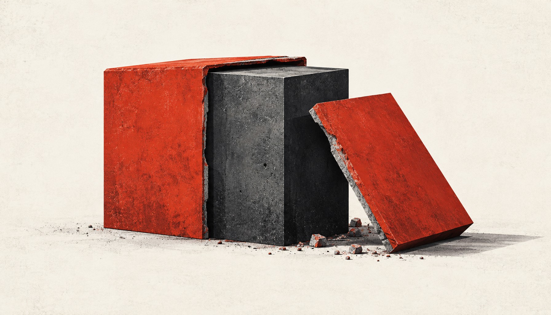 Dunkler Betonblock mit teilweise abgebrochener roter Verkleidung und Trümmern auf hellem Untergrund.