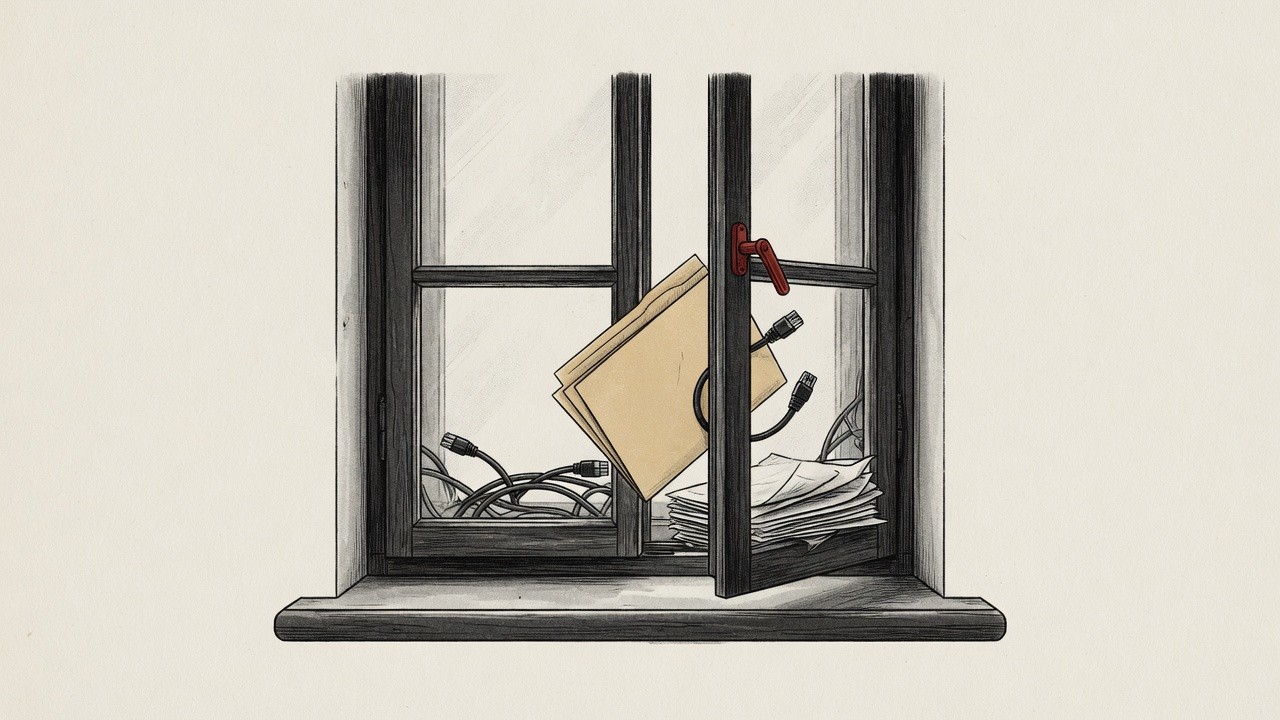 Geöffnetes Fenster mit Kabeln, Papierstapeln und einem verklemmten Fenstergriff
