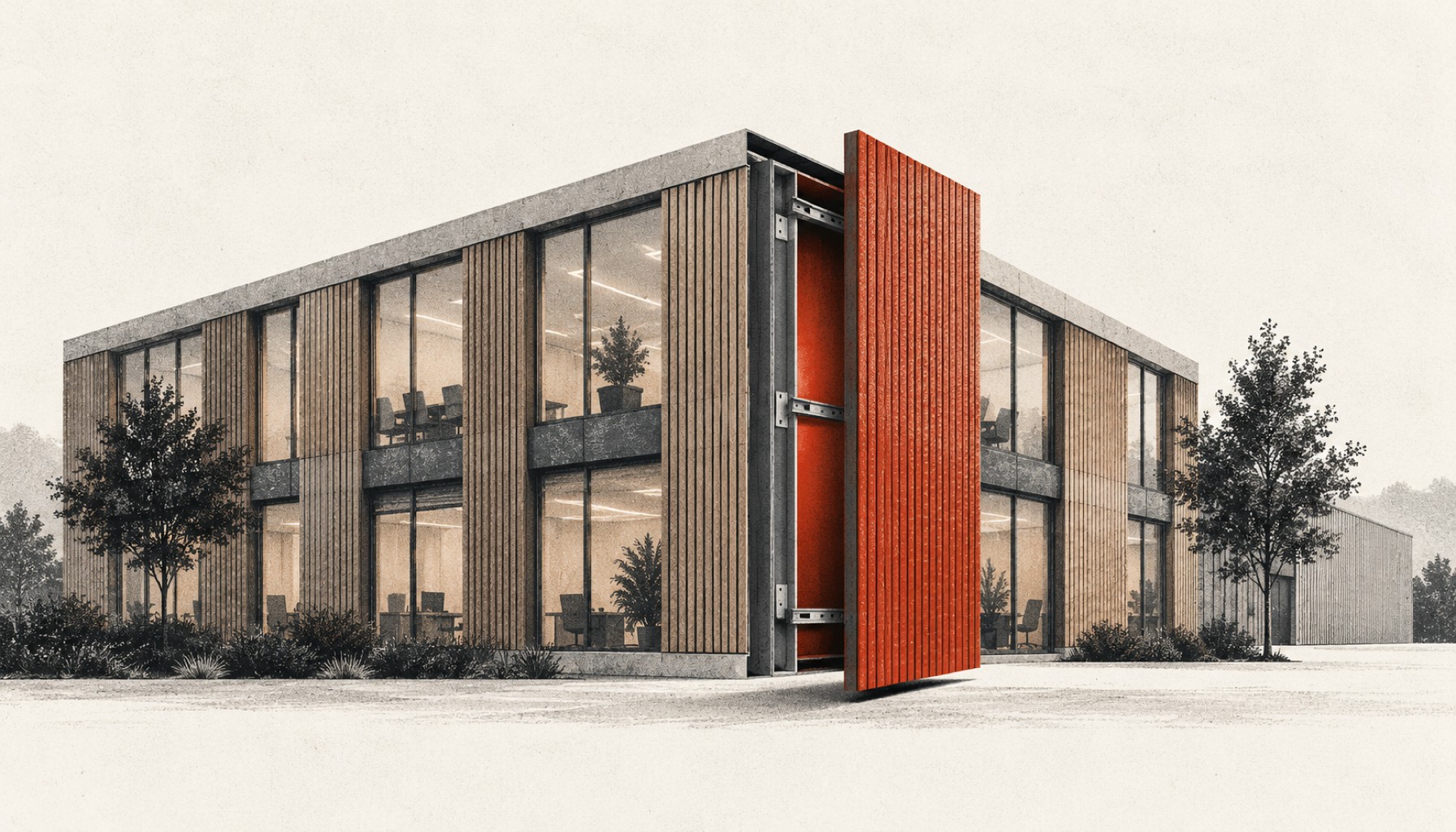 Modernes Bürogebäude mit gläserner Fassade und geöffneter roter Metallverkleidung