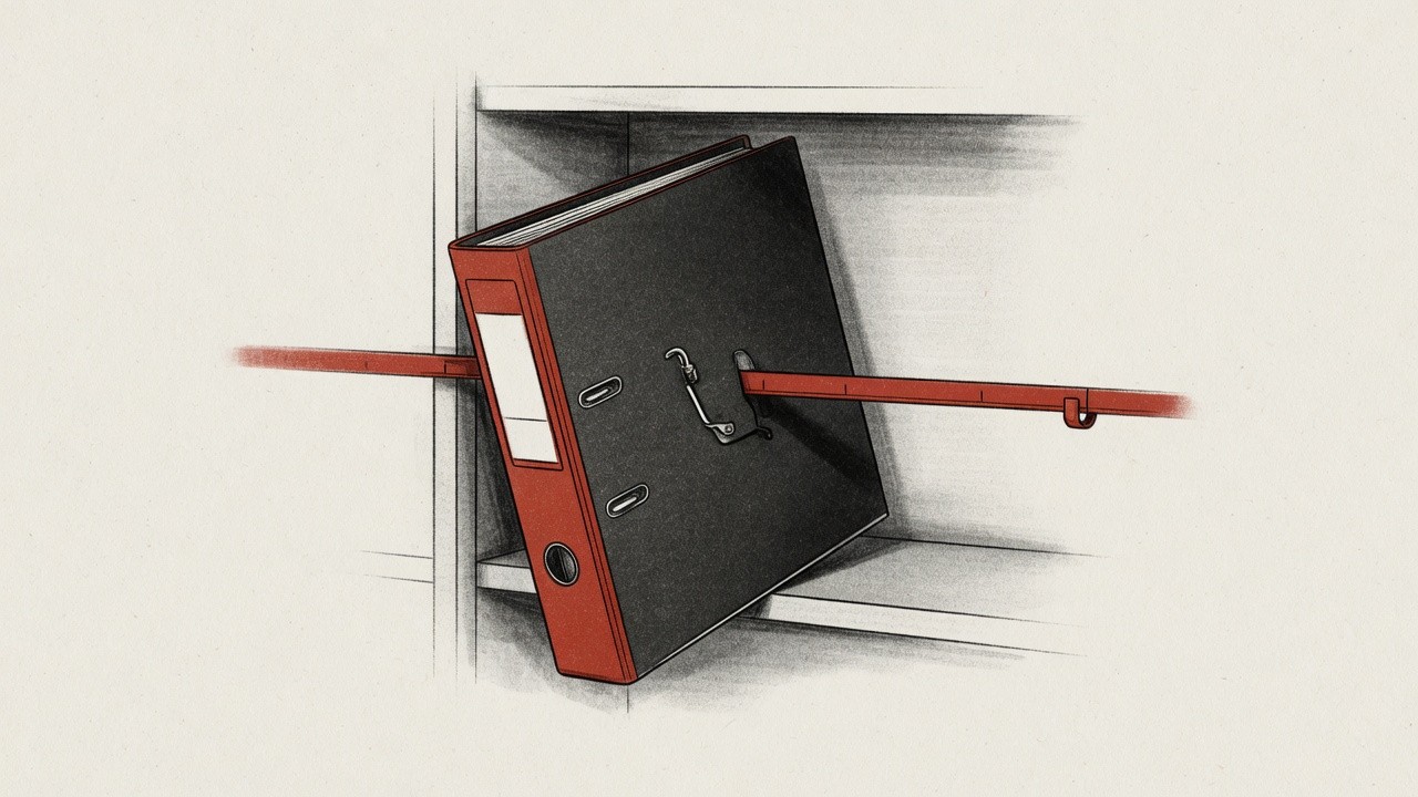 Illustration eines schwarzen Ordners mit rotem Rücken, der in einer Wandöffnung von einer roten Stange durchquert wird.