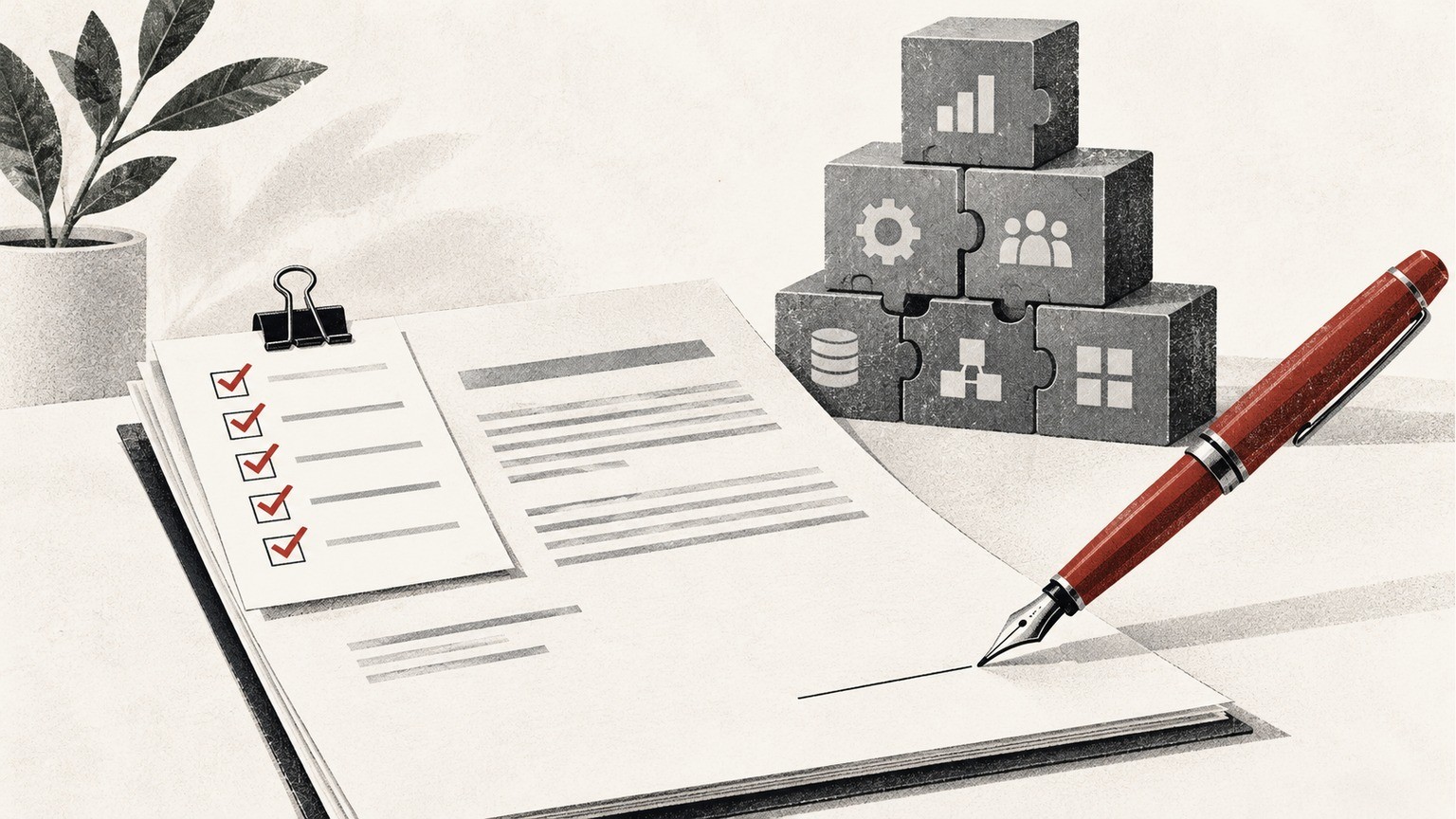 Illustration mit Checkliste, Dokument, rotem Füllfederhalter und gestapelten Würfeln mit ERP-Symbolen